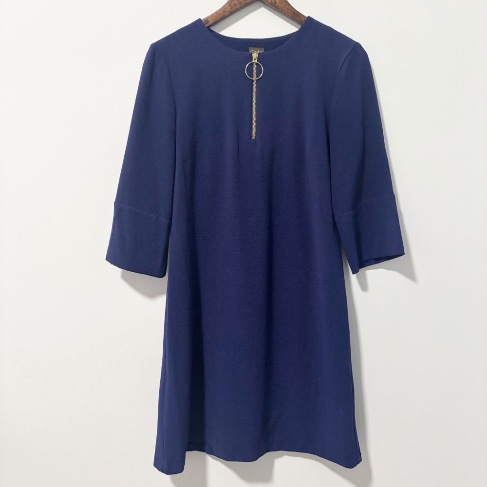 Taylor Midi A-line Dress Womens Size 6 Navy Gold Zipper Front Minimalist Classic
